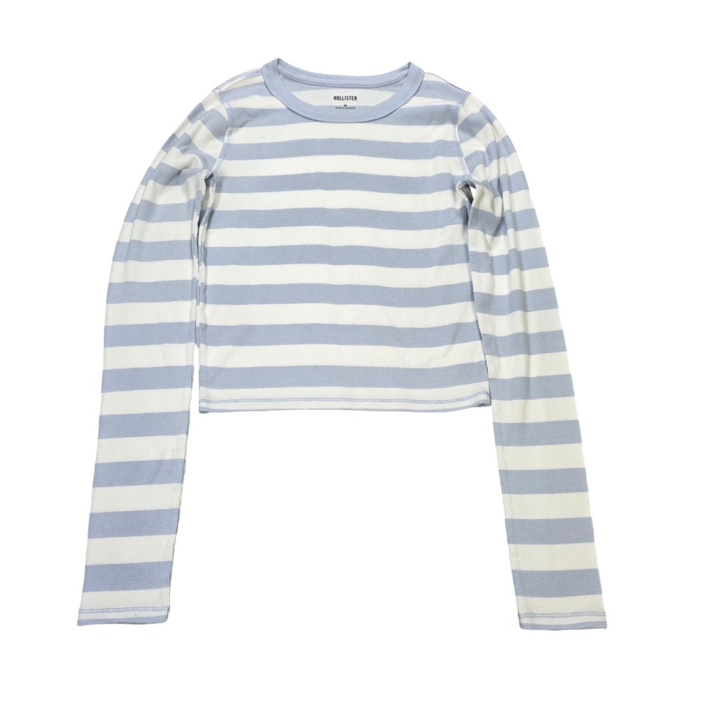 Hollister‎ Striped Ribbed Crop Top Women's Size Medium Blue White Long Sleeve